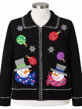 Vintage Crystal Kobe Christmas Sweater Black. Snowmen and Ornaments. Women Sz L